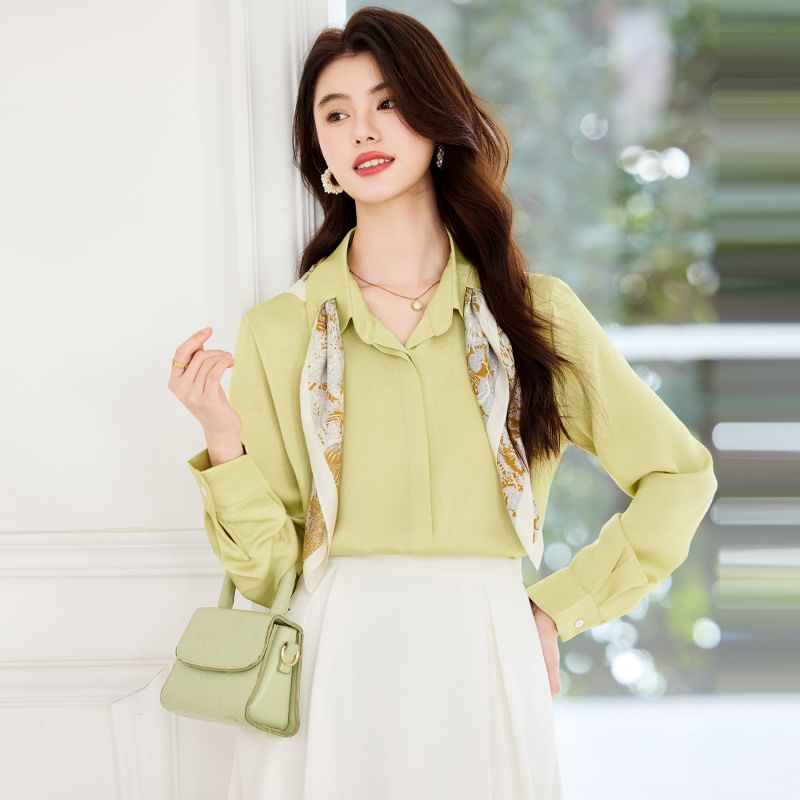 Collared Blouse, Midi Skirt, and Scarf Set