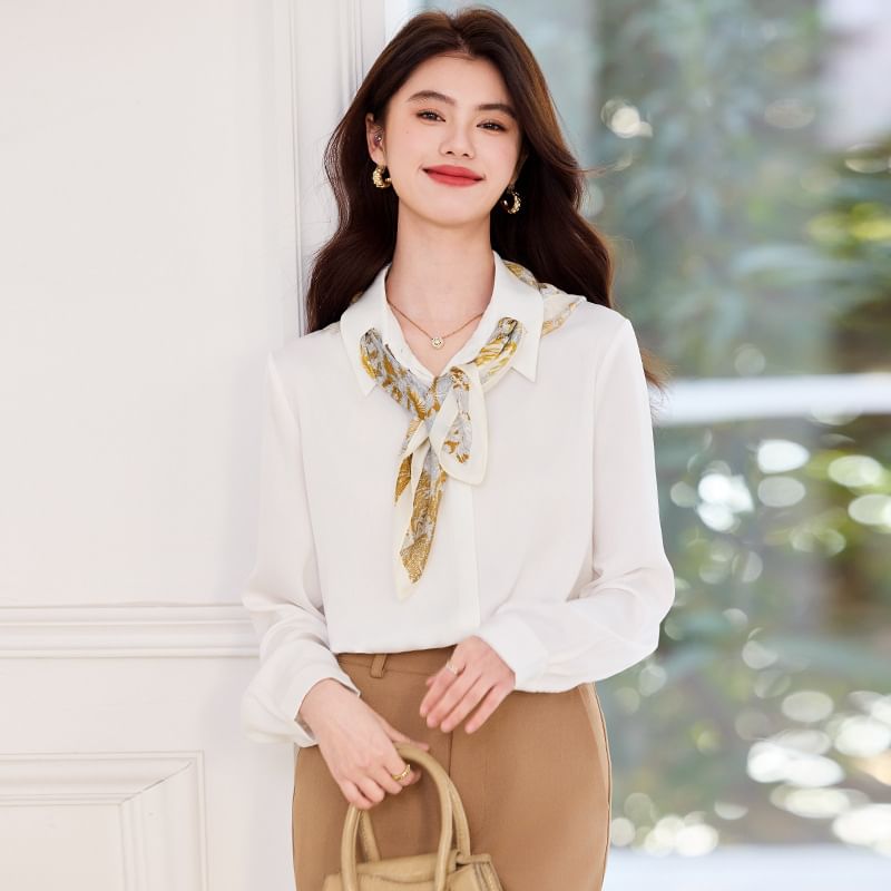 Collared Blouse, Midi Skirt, and Scarf Set