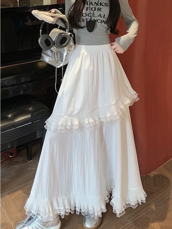 Ruffle-Trimmed Lace Maxi A-Line Skirt