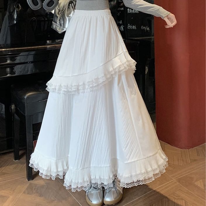 Ruffle-Trimmed Lace Maxi A-Line Skirt