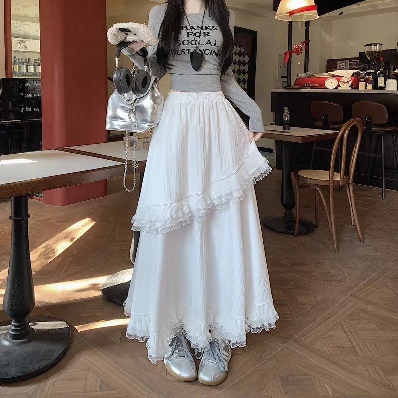 Ruffle-Trimmed Lace Maxi A-Line Skirt