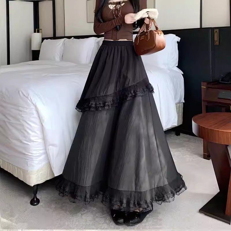 Ruffle-Trimmed Lace Maxi A-Line Skirt