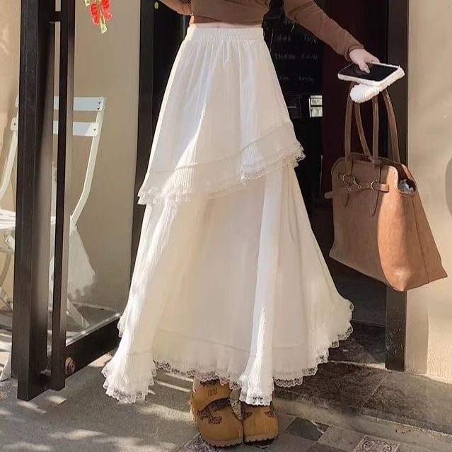 Ruffle-Trimmed Lace Maxi A-Line Skirt