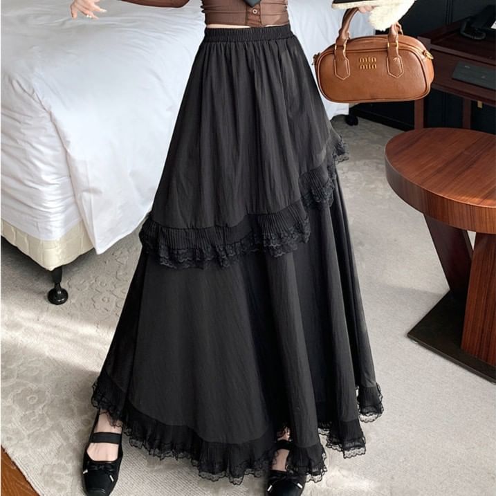 Ruffle-Trimmed Lace Maxi A-Line Skirt