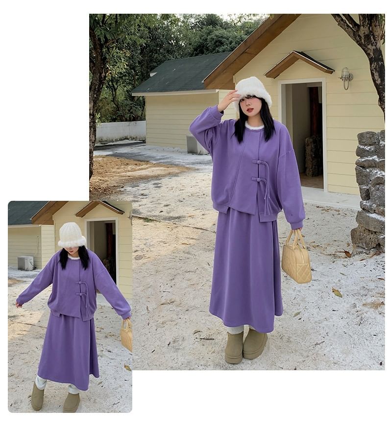 Fluffy Trim Sweatshirt and Midi Skirt Set