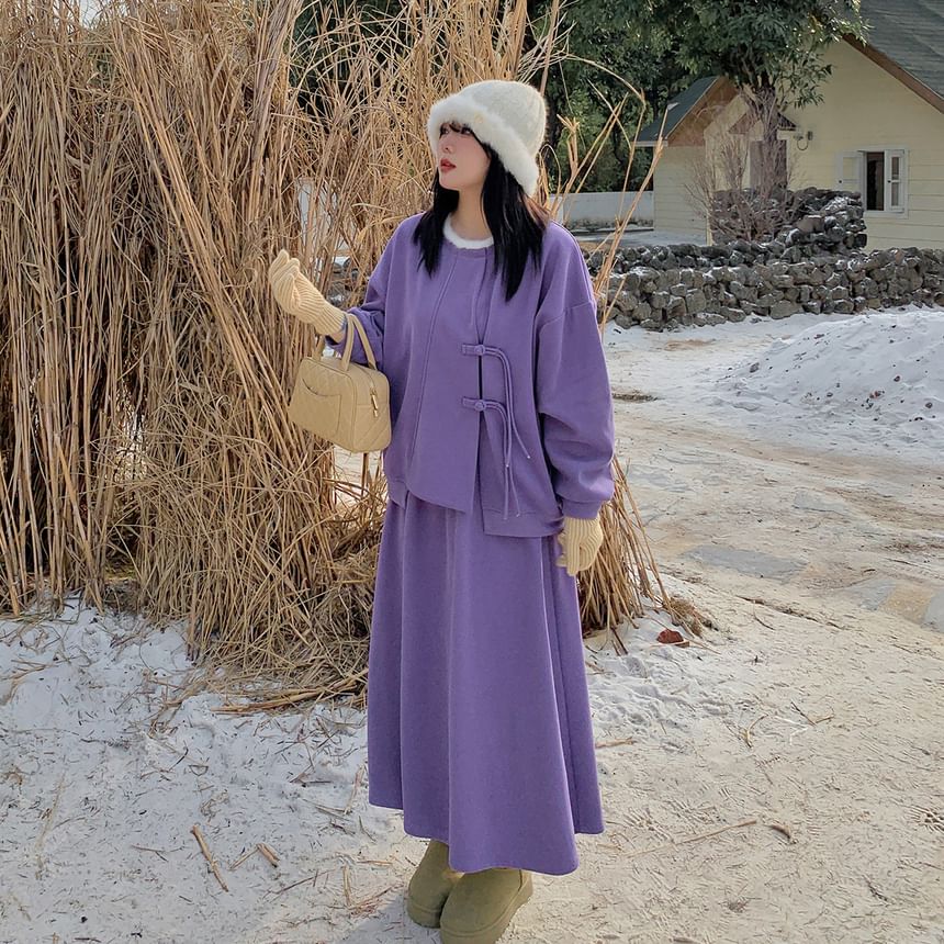 Fluffy Trim Sweatshirt and Midi Skirt Set