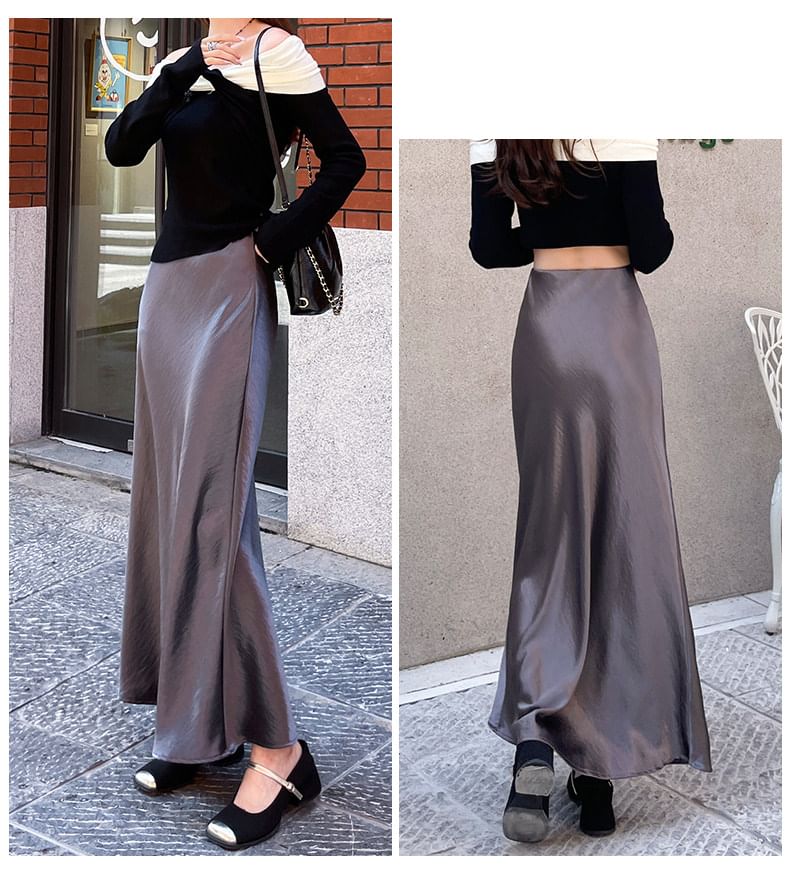 Satin Maxi Mermaid Skirt - High Waist Plain
