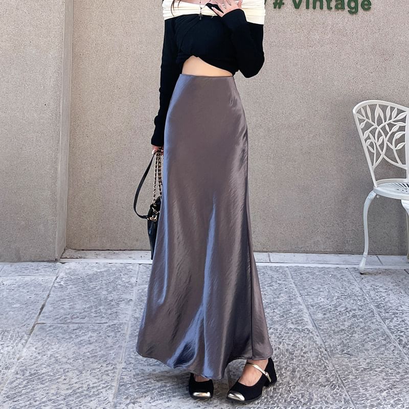 Satin Maxi Mermaid Skirt - High Waist Plain
