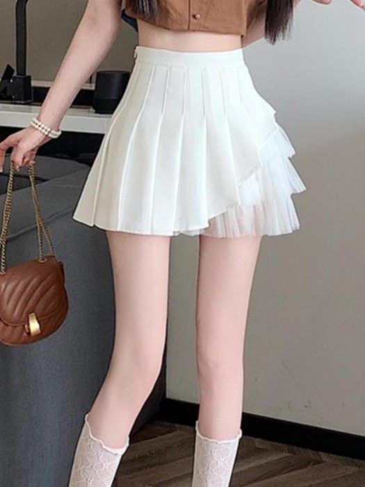 Mesh Panel Pleated Mini A-Line Skirt