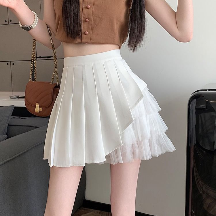 Mesh Panel Pleated Mini A-Line Skirt