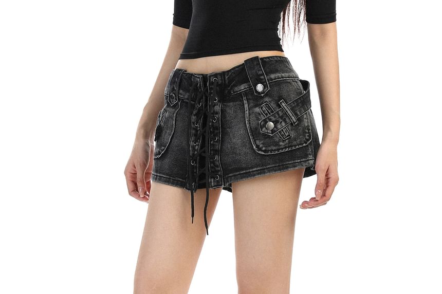 Low Waist Lace-Up Denim Hot Pants