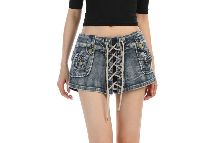 Low Waist Lace-Up Denim Hot Pants