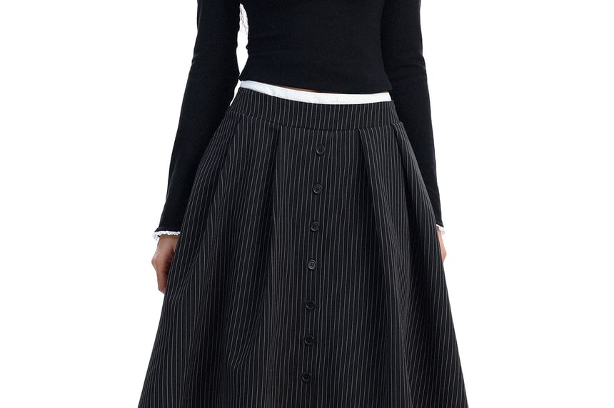 Striped Midi A-Line Skirt - Mid Waist
