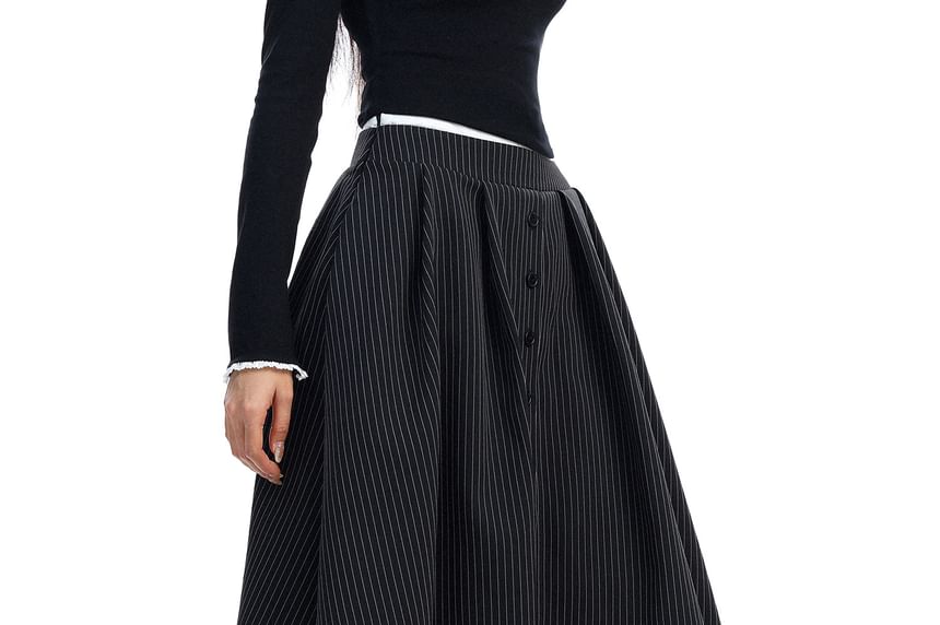 Striped Midi A-Line Skirt - Mid Waist