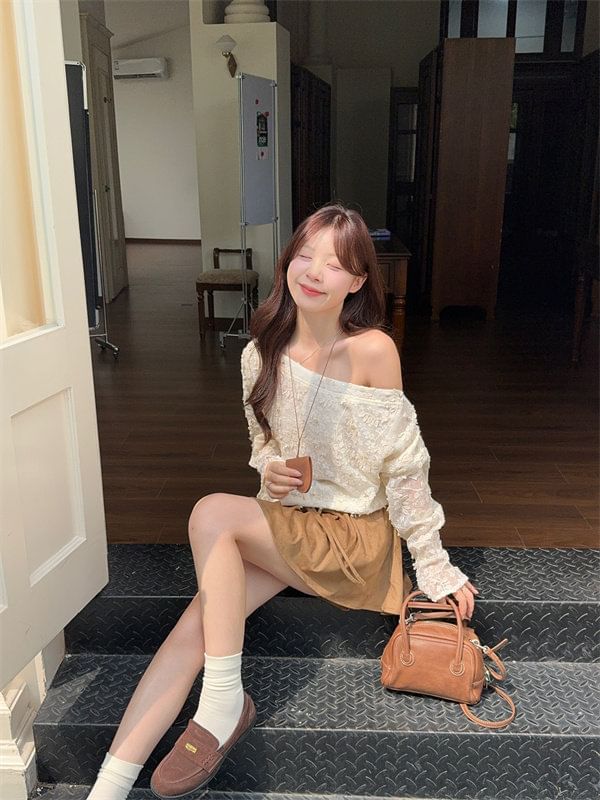 One Shoulder Lace Top & Mini A-Line Skirt