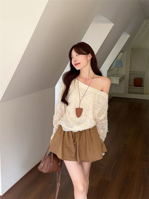 One Shoulder Lace Top & Mini A-Line Skirt