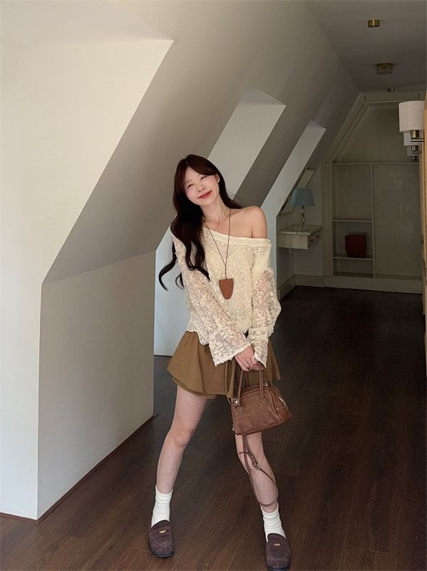 One Shoulder Lace Top & Mini A-Line Skirt