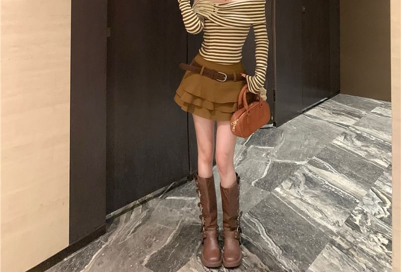 Off Shoulder Striped Top & Tiered Mini Skirt Set