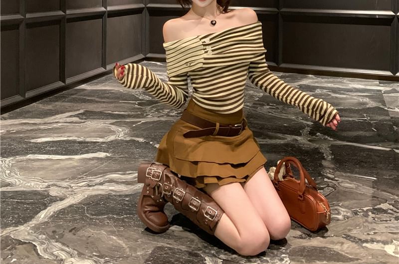 Off Shoulder Striped Top & Tiered Mini Skirt Set