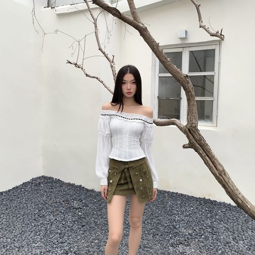 Off-Shoulder Top and Studded Mini Skirt Set
