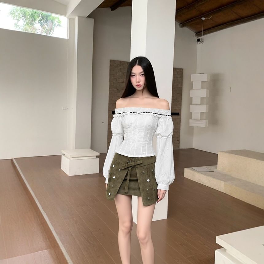 Off-Shoulder Top and Studded Mini Skirt Set