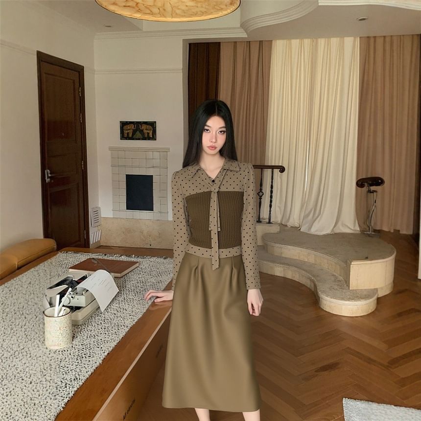 Polka Dot Collared Top and Midi A-Line Skirt Set