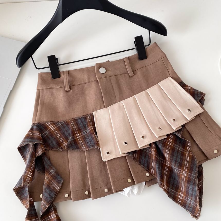Plaid Panel Mini Pleated Skirt