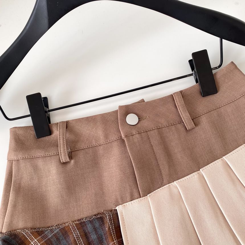 Plaid Panel Mini Pleated Skirt