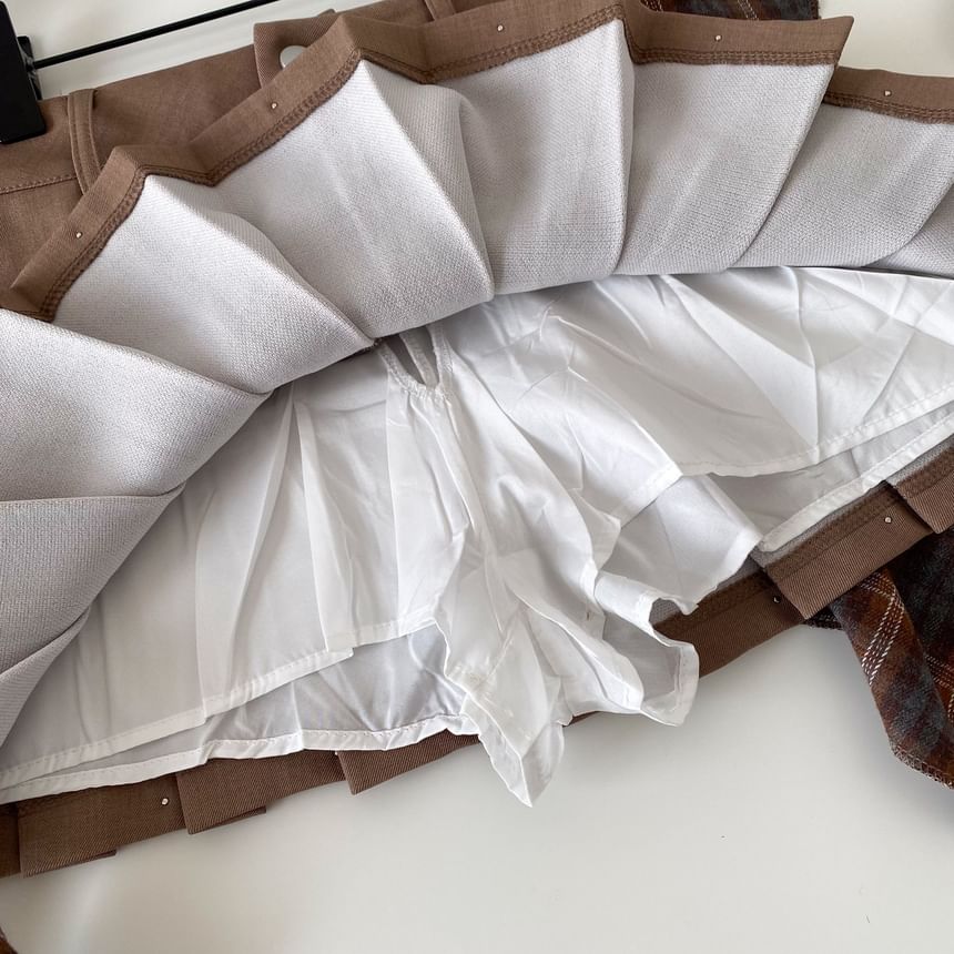 Plaid Panel Mini Pleated Skirt