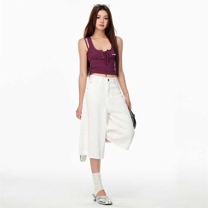 Mid Rise Plain Wide Leg Jorts