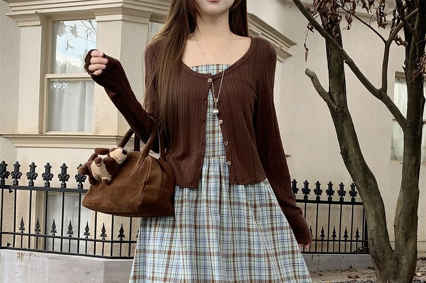 Spaghetti Strap Plaid Midi A-Line Dress / Scoop Neck Button-Up Plain Crop Cardigan