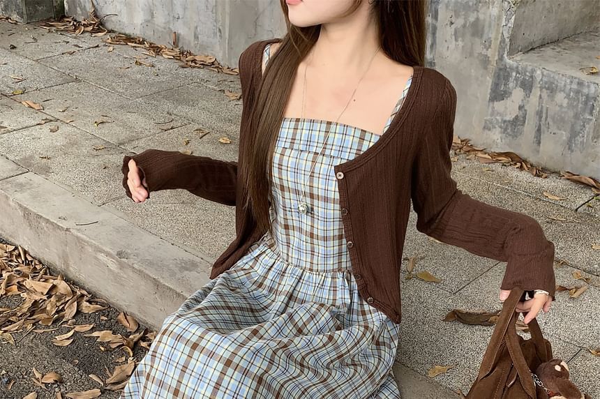 Spaghetti Strap Plaid Midi A-Line Dress / Scoop Neck Button-Up Plain Crop Cardigan