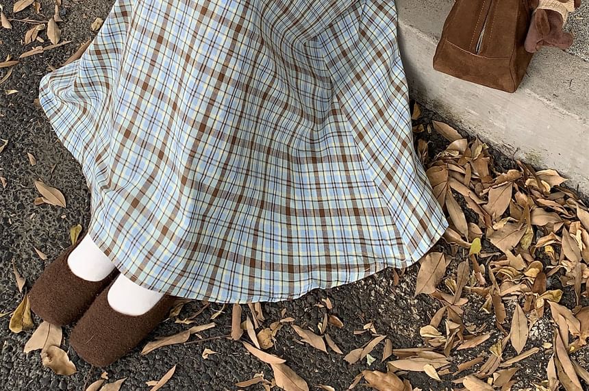 Spaghetti Strap Plaid Midi A-Line Dress / Scoop Neck Button-Up Plain Crop Cardigan