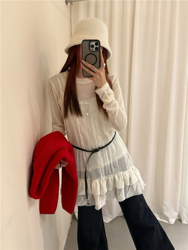Set: Long-Sleeve Crew Neck Plain Sheer T-Shirt + Spaghetti Strap Scoop Neck Lace Panel Mini Overall Dress