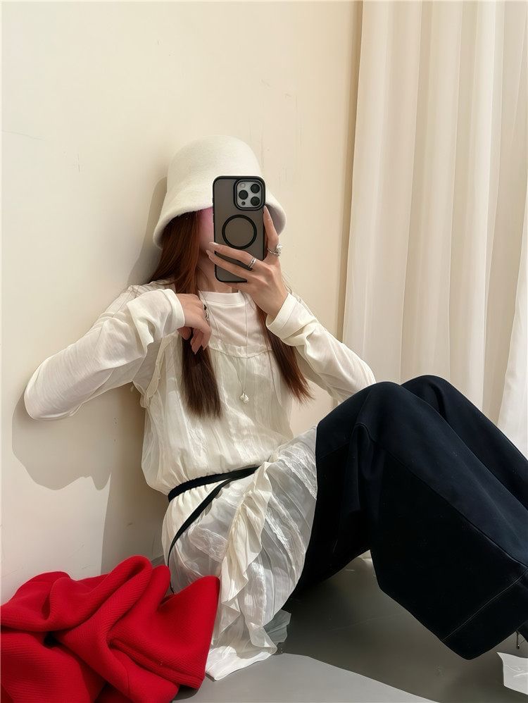 Set: Long-Sleeve Crew Neck Plain Sheer T-Shirt + Spaghetti Strap Scoop Neck Lace Panel Mini Overall Dress