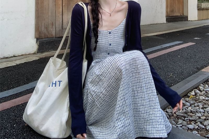 Spaghetti Strap Scoop Neck Plaid Midi A-Line Dress / Plain Crop Cardigan