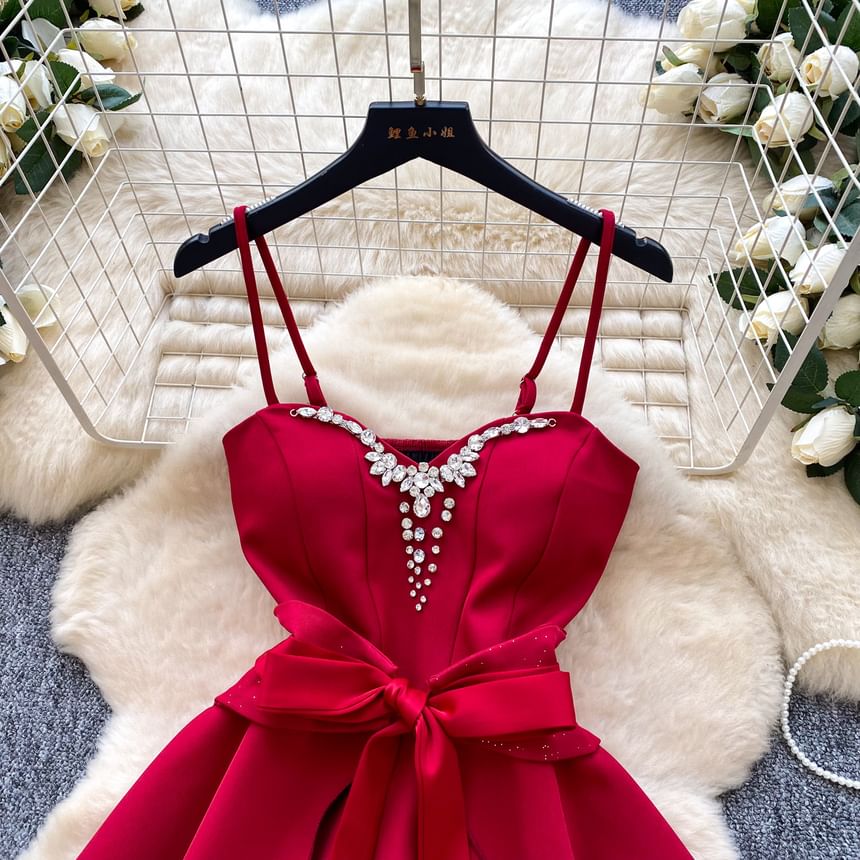 Spaghetti Strap V-Neck Rhinestone Tie Waist Mini A-Line Dress