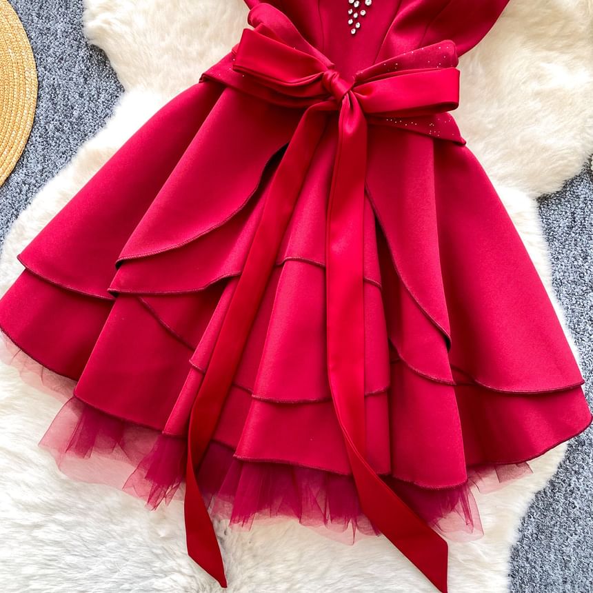 Spaghetti Strap V-Neck Rhinestone Tie Waist Mini A-Line Dress