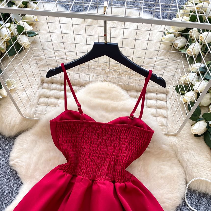 Spaghetti Strap V-Neck Rhinestone Tie Waist Mini A-Line Dress