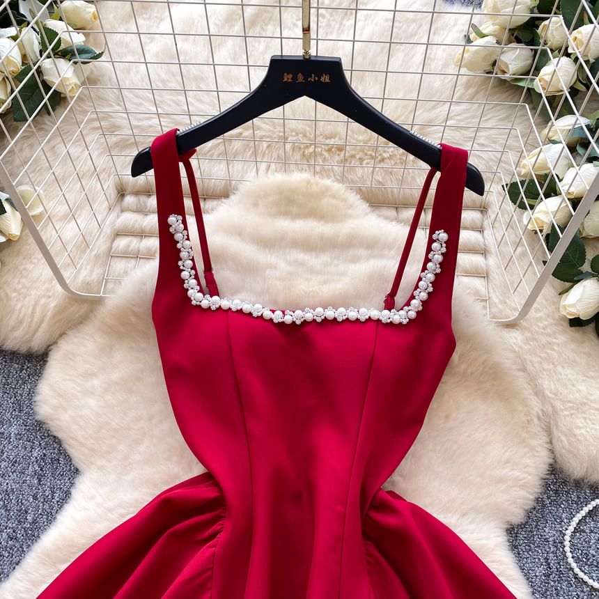 Spaghetti Strap Square Neck Plain Faux Pearl Mini A-Line Dress