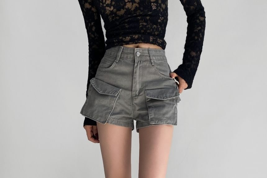 Mid Rise Washed Denim Cargo Shorts