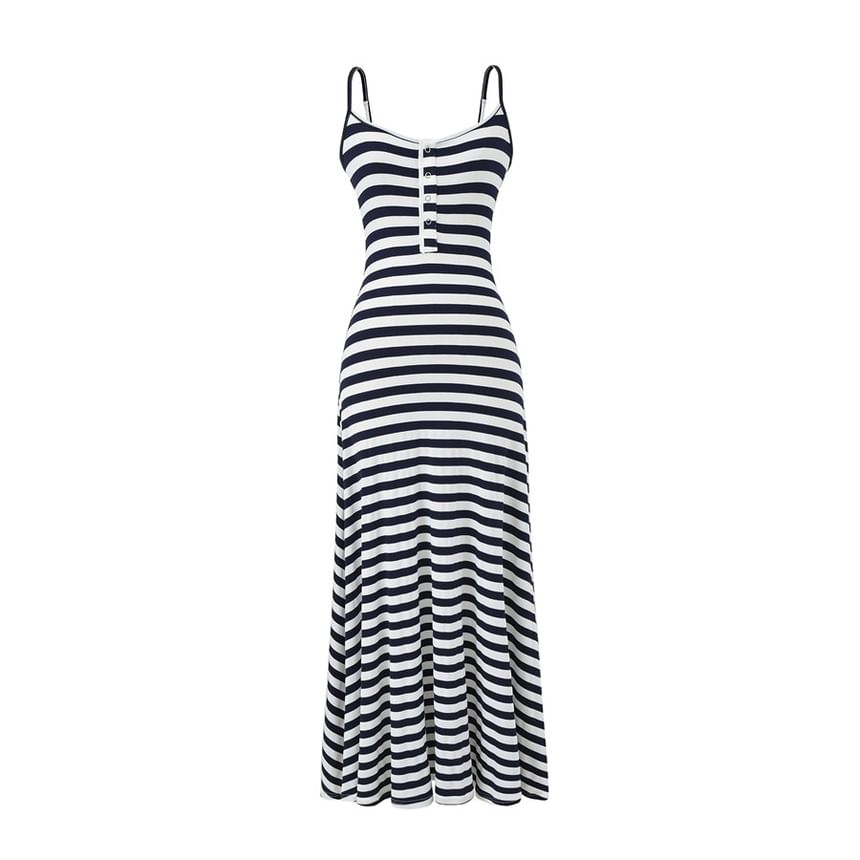 Spaghetti Strap Henley Striped Maxi A-Line Dress