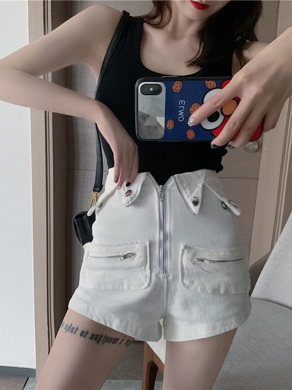 High Waist Plain Zip Denim Shorts
