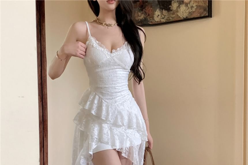 Spaghetti Strap V-Neck Plain Asymmetrical High-Low Ruffle Lace Sheath Dress