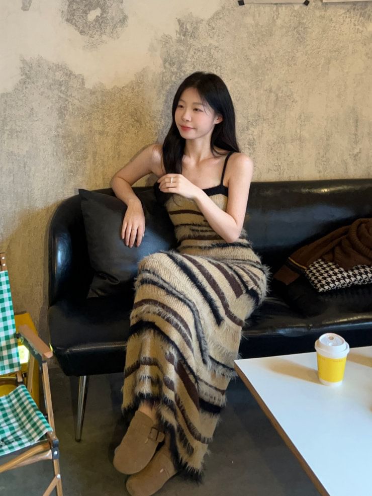 Spaghetti Strap Striped Knit Maxi Sheath Dress