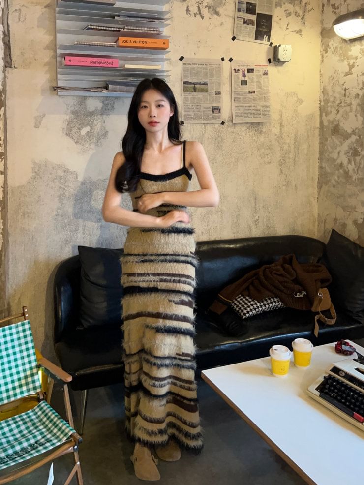 Spaghetti Strap Striped Knit Maxi Sheath Dress