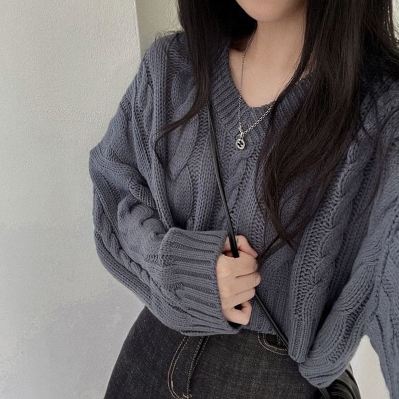 V-Neck Cable-Knit Cropped Jumper Sweater