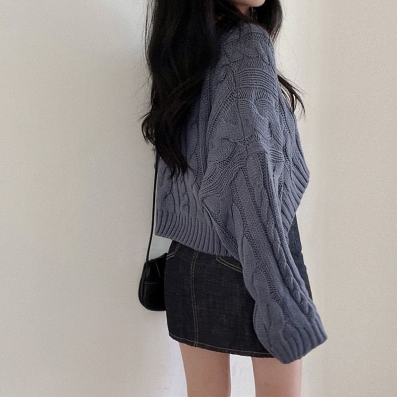 V-Neck Cable-Knit Cropped Jumper Sweater