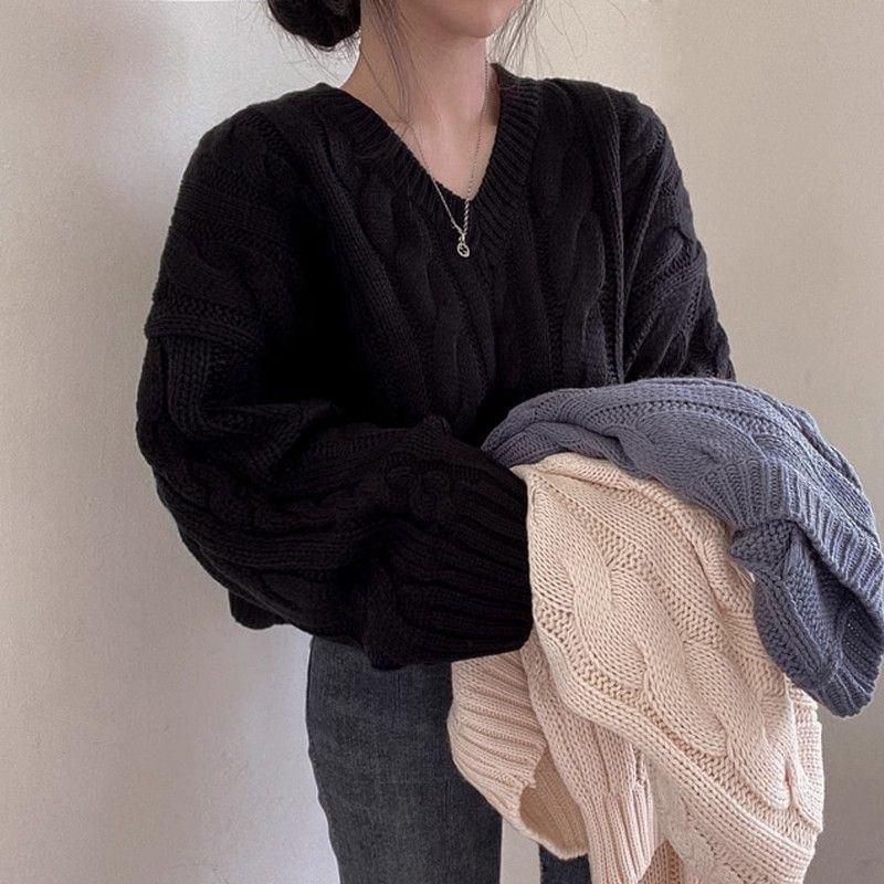 V-Neck Cable-Knit Cropped Jumper Sweater