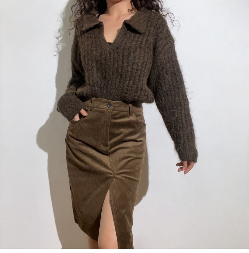 Long-Sleeve Ribbed Knit Polo Shirt